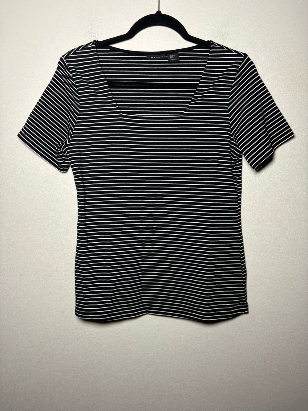 Tahari Black and White Striped Fitted Square Neck Short Sleeve Tee Size M